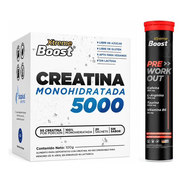 Presentación de Pack Creatina 5000 Xtreme Boost + Pre Workout 20 Tabs