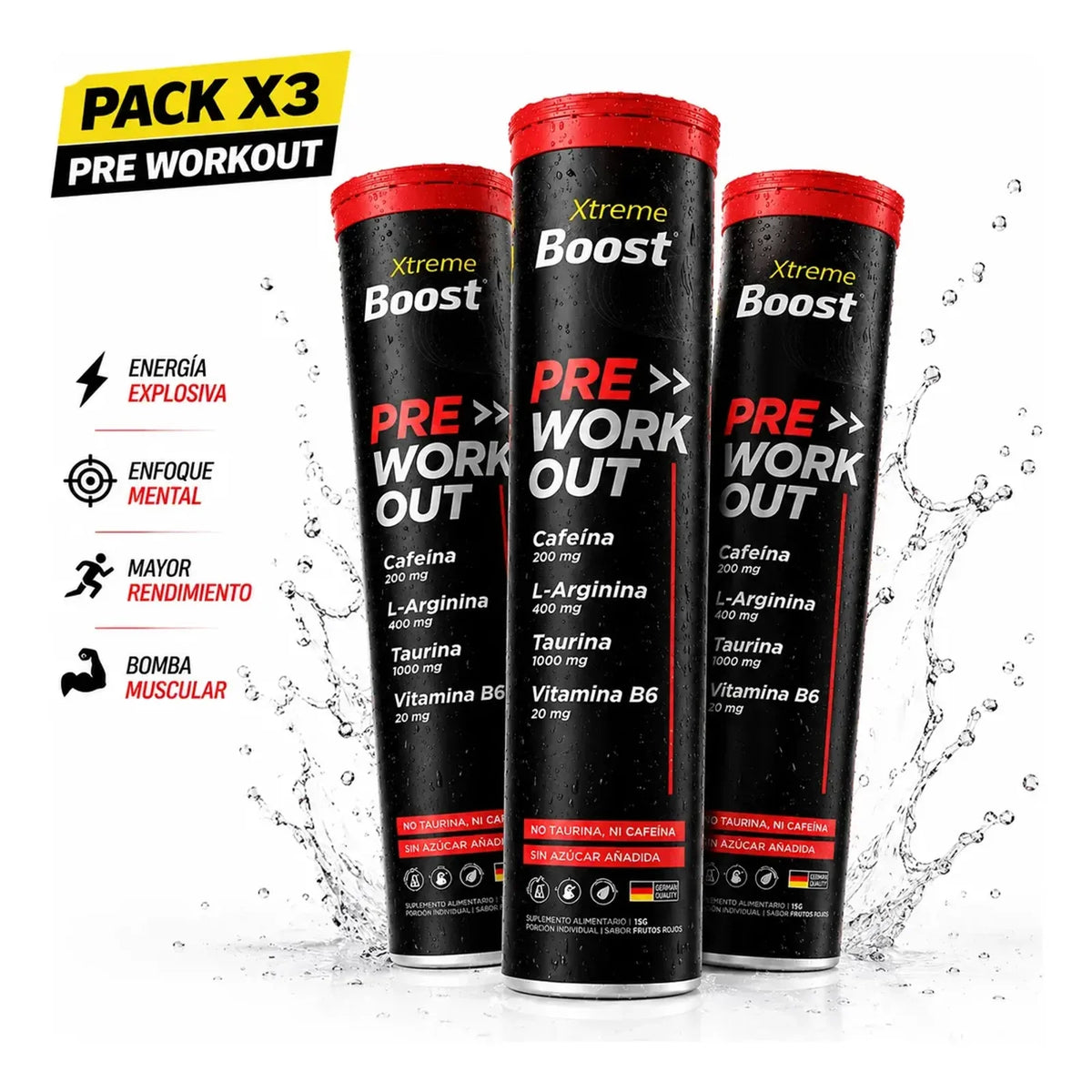 Presentación de Pre Entreno Xtreme Boost Tubo 20 Tabletas Pack X 3 Unidades